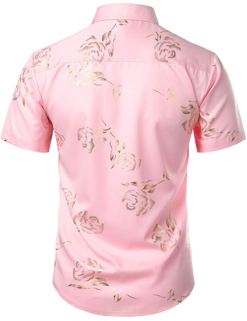 ZEROYAA Mens Hipster Gold Rose Printed Slim Fit Short Sleeve Button Down Dress Shirts ZZCL41 Pink X-Large - Image 2